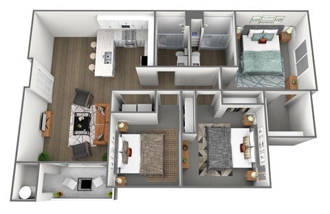 Floor plan for 3 beds, 2 baths, 1264 sqft